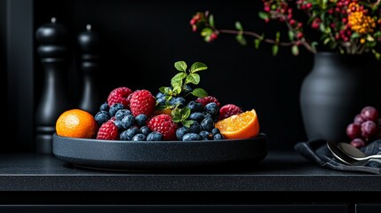 Fresh Berries and Citrus Fruit in Black Bowl