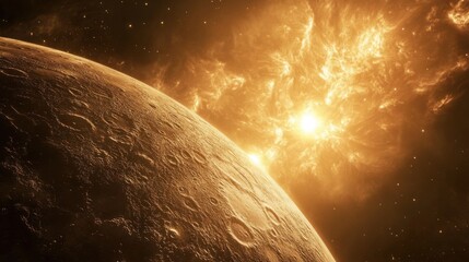 Fototapeta premium A distant view of Mercury, with the Sun looming large, casting harsh light and deep shadows across its rocky surface