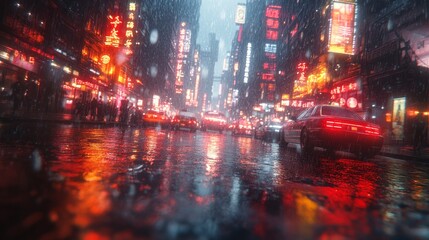 Fototapeta premium City Traffic in Rainy Night with Red and Neon Reflections