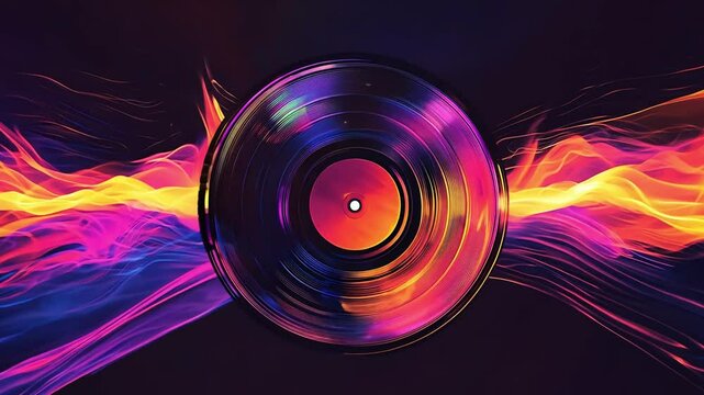 Retro vinyl record with colorful sound waves in vibrant neon hues on a dark background