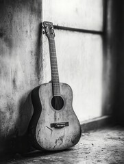 Obraz premium A vintage acoustic guitar rests against a weathered wall, capturing a sense of nostalgia, Ideal for music-related blogs, album covers, or art projects, this image evokes emotions linked to creativity