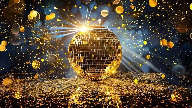 Golden disco ball sparkling with bright lights, confetti, and golden particles against a dark background