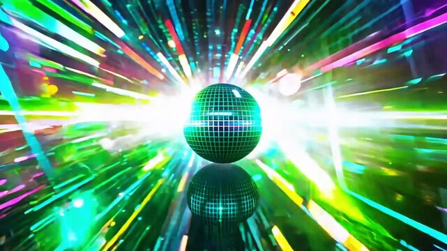 A glowing disco ball with vibrant swirling neon lights in a colorful explosion of energy
