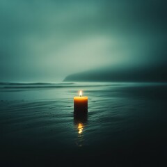 Fototapeta premium A solitary candle flickers on a misty beach, casting a warm glow against the cool, tranquil backdrop, This serene image is ideal for themes of solitude, reflection, or mindfulness,