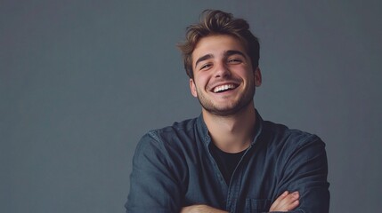 Obraz premium Young Man Smiling Against Gray Background