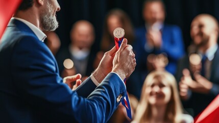 Fototapeta premium A winner receiving a medal at an award ceremony, surrounded by applause and recognition.