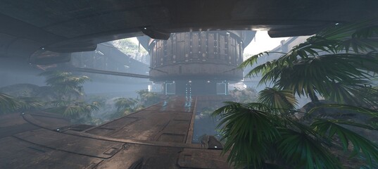 A 3D illustration of a misty cyberpunk station with futuristic architecture and tropical plants. Sci-fi elements blend with nature in a moody, atmospheric setting. © Valeriy