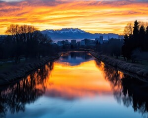 Obraz premium Sunset over the Christchurch city skyline with the Avon River reflecting the warm hues, and the distant mountains silhouetted