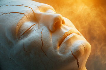 Detailed sculpture of a face with cracks, glowing under warm light in an artistic setting