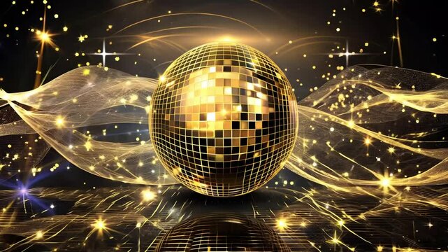 Golden disco ball sparkling with bright lights, confetti, and golden particles against a dark background