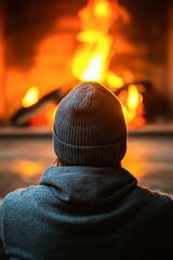 A cozy scene featuring a person in a beanie gazing at a warm fire, evoking feelings of comfort and tranquility, Ideal for marketing materials related to winter, relaxation, home decor