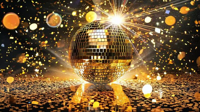 Golden disco ball sparkling with bright lights, confetti, and golden particles against a dark background