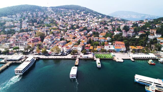 Heybeliada Island in Istanbul, Turkey. Heybeliada is the second largest of the Princes Islands in the Sea of Marmara. Drone shot.