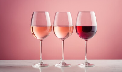 Three glasses of wine sit on a white surface in front of a pink background
