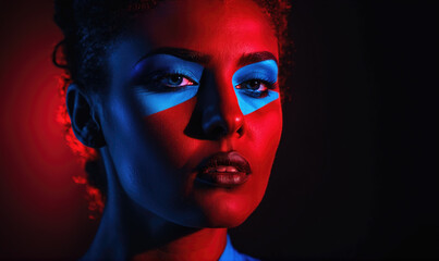 A woman with blue and red makeup stares intensely into the camera
