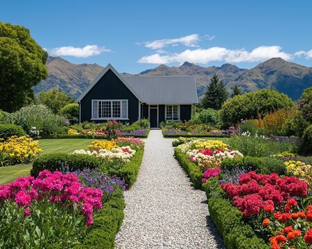 Scenic gardens of the Ilam Homestead in Christchurch, with blooming flowers and peaceful walking paths