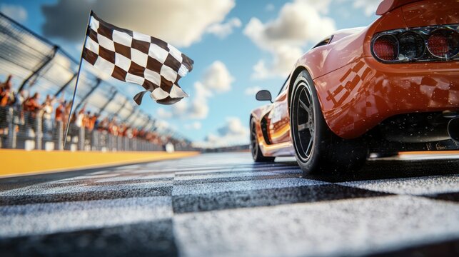 A race car crossing the finish line first, with the checkered flag waving and a cheering pit crew.