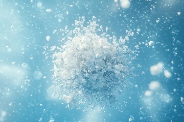 A bouquet of white flowers is displayed in a snowy landscape
