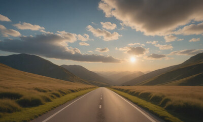 A long, empty road winds through the mountains as the sun sets on a cloudy day