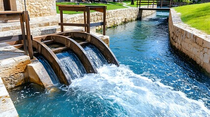 Water Mill Wheel in a Stone Channel  Flowing Water  Nature Scenery