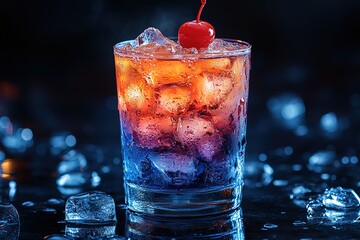A glass of blue, red and yellow drink with a cherry on top