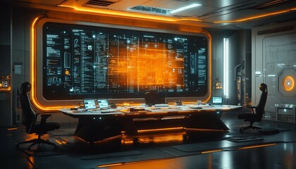 Obraz premium AI-Driven Project Collaboration 2024, futuristic project management workspace where AI-powered robots and humans collaborate around a digital holographic table.