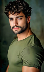 Serious and handsome person, attractive looks young man,
Green t-shirt with half sleeve,