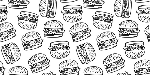 doodle burger pattern background. doodle fast food burger seamless pattern background. seamless pattern of burger in doodle style. Seamless Pattern of a Cheese Burger or Hamburger. hamburger pattern.