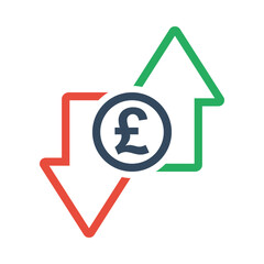 pound sterling coin with green up and red down arrows, tax or inflation indicator, price or income vector outline icon