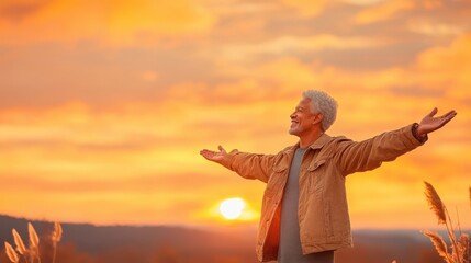 Fototapeta premium Happy African American Man Embracing Sunset with Open Arms