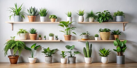 Stylish indoor plant collection displayed on modern minimalist shelf in cozy home interior