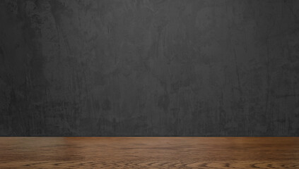 walnut wooden counter table at foreground with dark black concrete wall at background. real countertop image for displayed products. grunge concrete wall and wooden table for design.