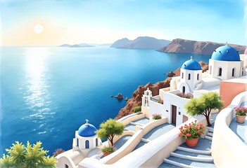 Fototapeta premium Santorini's iconic architecture features whitewashed cubic houses with vibrant blue accents, creating a stunning contrast against the island's volcanic landscape and the deep blue Aegean Sea. 