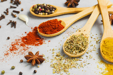 Assortment of colorful spices in the wooden spoons. on grey background