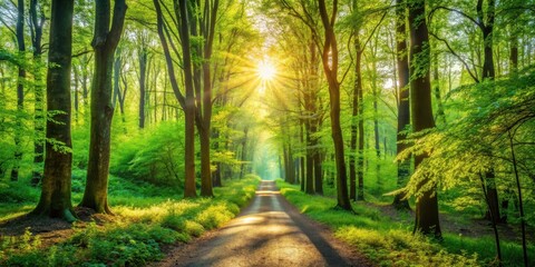 Sunlit forest path in spring morning with vibrant green foliage and sunlight streaming through trees, peaceful nature scenery for backgrounds and wallpapers