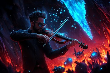Fototapeta premium Fantasy violinist playing in a glowing cave, the notes echoing off the crystal walls, and mystical creatures gathering to listen to the enchanting music