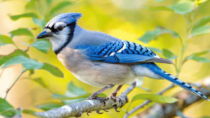 Obraz premium Blue jay bird on a branch with green leaves