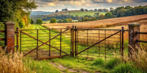 Fototapeta premium Rustic iron gates closed in a picturesque rural setting for background images