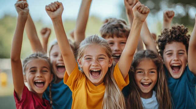 A group of kids cheering together after winning a team sport or school competition.