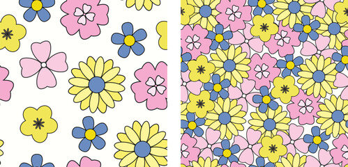 set of two seamless floral pattern. Liberty style background of small mauve and lilac flowers. Small flowers scattered over a white background