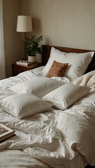 A bed is adorned with a white pillow and a stack of books.