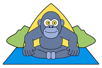 Gorilla Doing Yoga on Mountain Peak Animal Clipart Vector Illustration