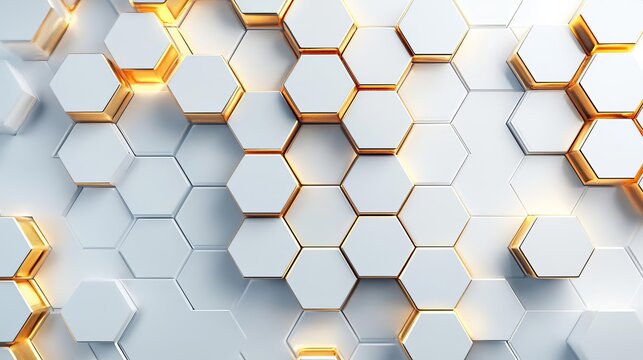 Abstract hexagonal pattern with golden accents on a white background.