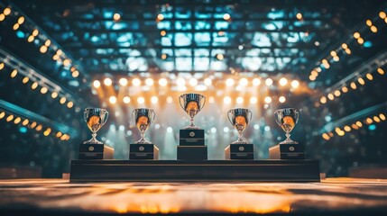Naklejka na ściany i meble A panoramic view of a podium at a major event, showing multiple winners and the atmosphere of victory.