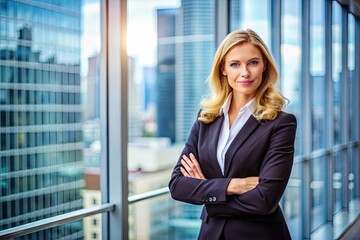 Fototapeta premium Confident Business Woman in Professional Attire Standing Proudly in Urban Office Environment