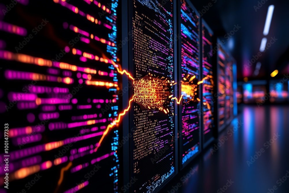 Poster Firewall breach displayed as digital walls are broken down on a series of screens, with code scrolling rapidly