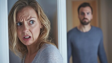 Fototapeta premium A woman with a furious look, slamming a door while her husband watches.