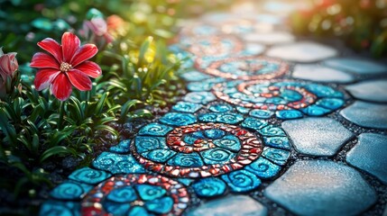 Fototapeta premium Colorful flower beside decorative stone pathway in a vibrant garden setting.