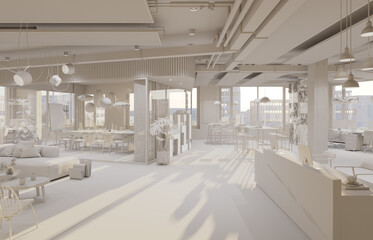Office space interior. Reception. Conference. Open space. 3D rendering. Clay rendering.