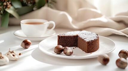 Chestnut cake is placed on a beautiful white plate, with a few small chestnuts on the white table. Chestnut elements are used as props to add 